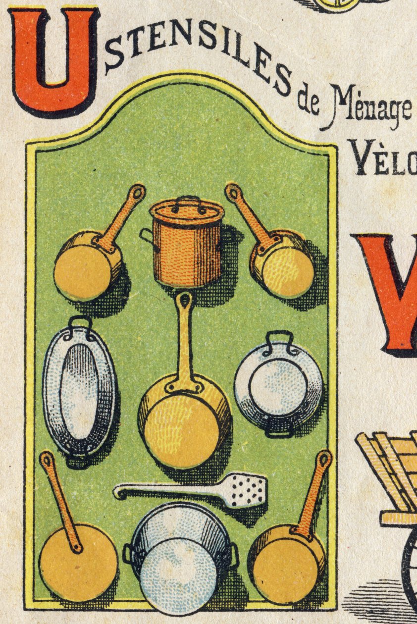 Letter U. Cocote, fornuis, eekhoorn, pan... Gravure in "ABC Toys". Epinal imaging in chromolithografie, circa 1890. door Unbekannt