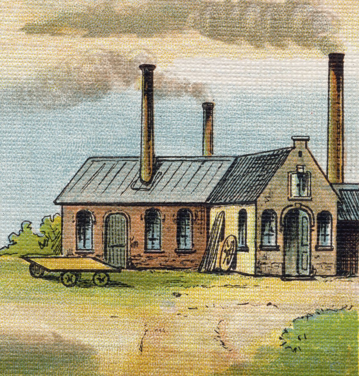 Letter U: Fabriek. Gravure in "Alphabet de ma petite fille". Bernardin-Bechet en Fils, boekhandel-uitgevers, Parijs, rond 1895. Onbreekbaar album op canvas. Bibliotheek des Bebes. 12 pagina