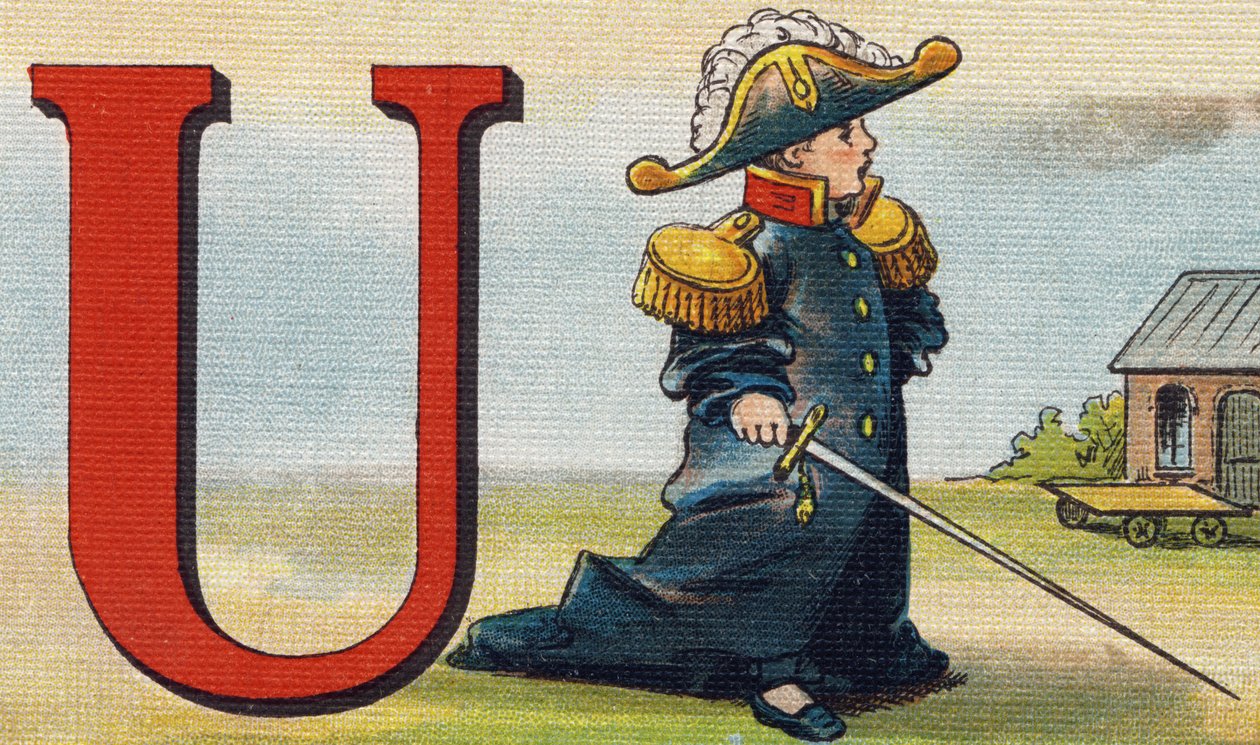 Letter U: uniform. Gravure in "Alphabet de ma petite fille". Bernardin-Bechet en Fils, boekverkopers-uitgevers, Parijs, rond 1895. Onbreekbaar album op canvas. Bibliotheque des Bebes. 12 pagina