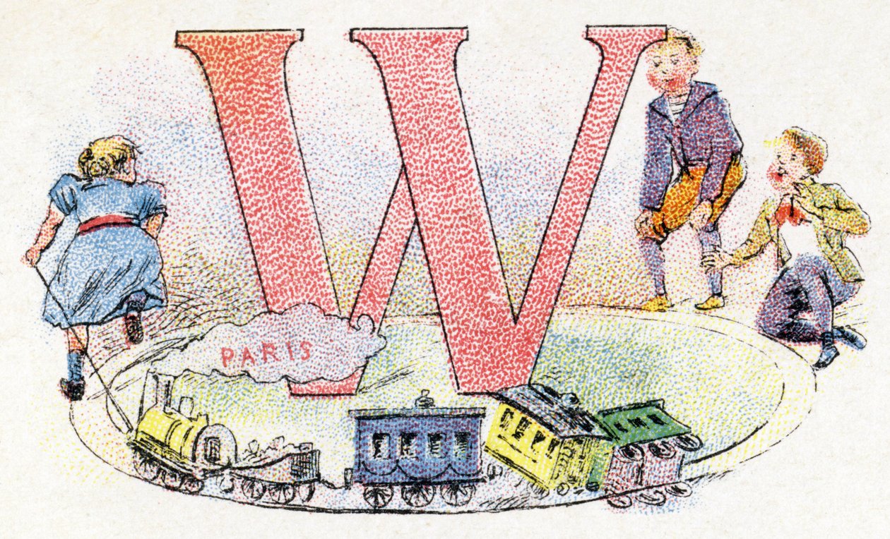 Letter W: Wagon. Alfabet van Phosphatine Falieres. Gravure. Brevete alfabet S.G.D.G. door apotheker Pierre Emile Falieres. Illustraties in chromolithografie, eind 19e eeuw. door Unbekannt