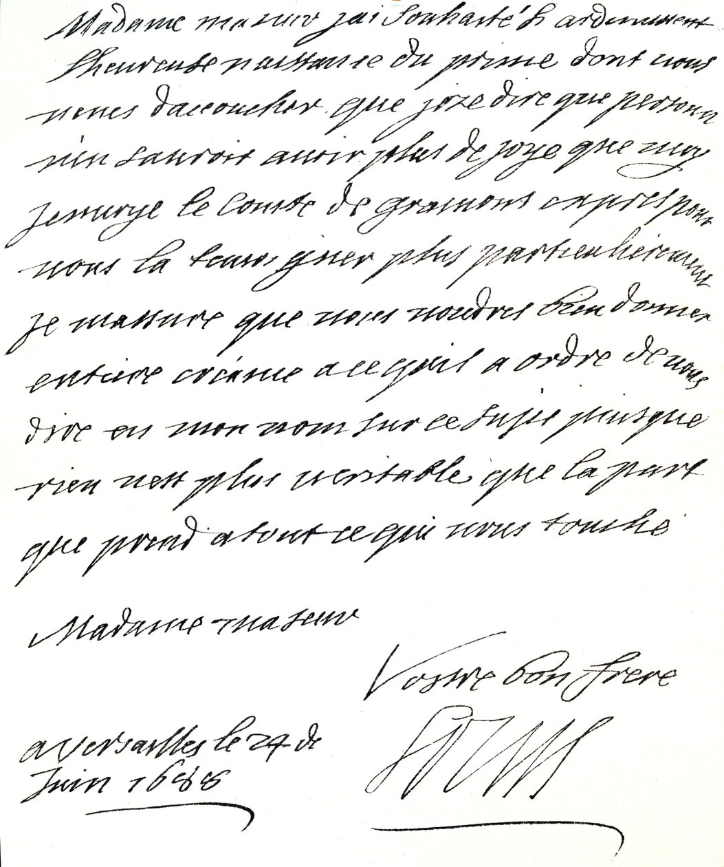 Brief van Lodewijk XIV aan Maria van Modena, waarin hij haar feliciteert met de geboorte van een prins, James Edward, prins van Wales door Unbekannt