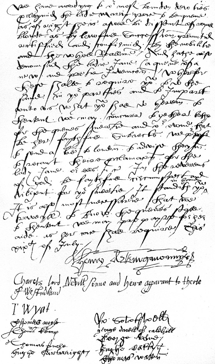Brief van aanhangers van Koningin Maria I in Kent aan Sir Nicholas Pelham en de heren van Sussex, waarin de proclamatie van Lady Mary als Koningin wordt aangekondigd en Lady Jane Grey wordt veroordeeld door Unbekannt