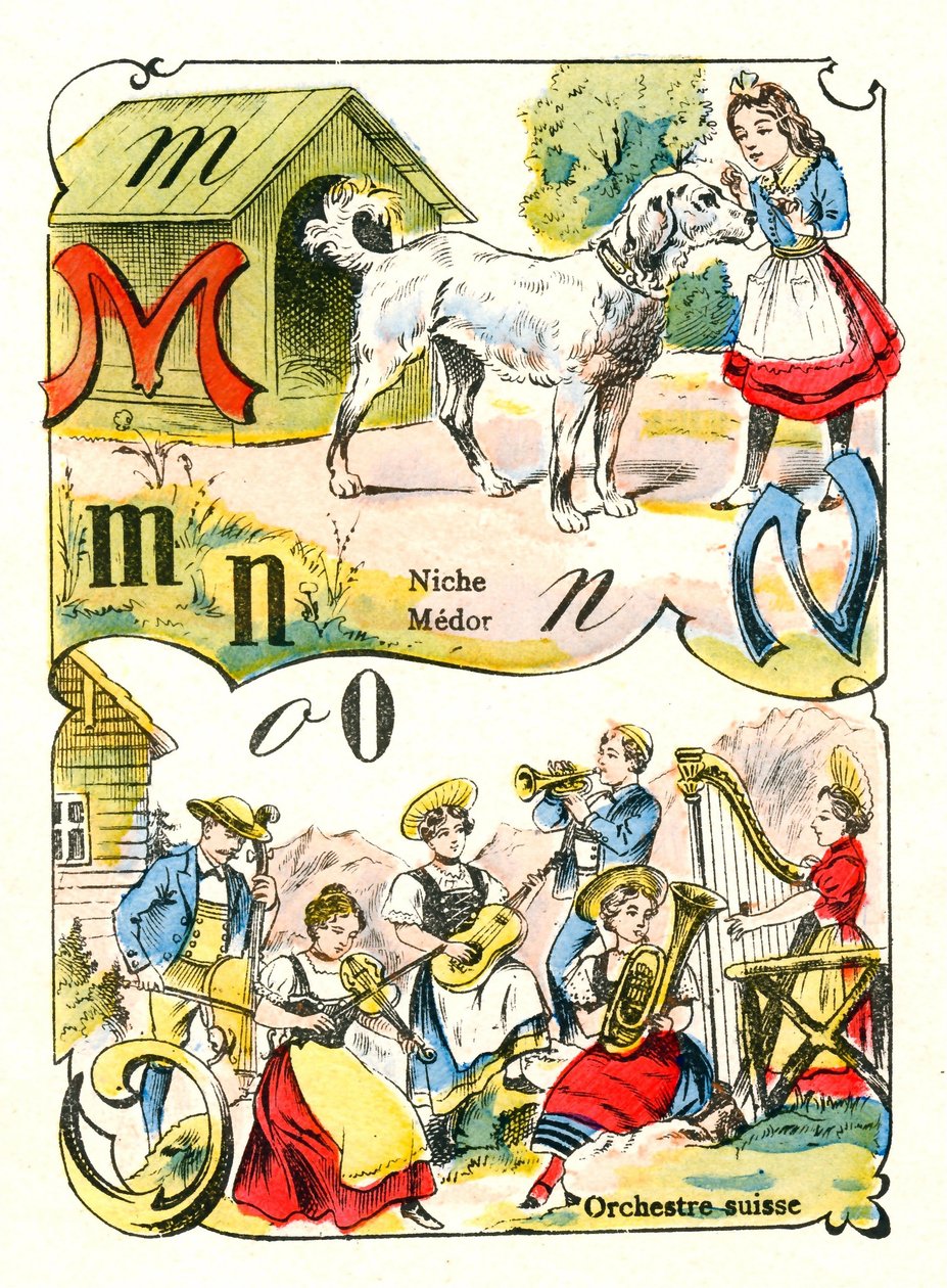 Letters M N en O als Medor, Niche en Zwitsers Orkest. Gravure in "Ludiek Alfabet". Beeldvorming van Pont-à-Mousson. Druk en uitgave Louis Vagne, eind 19e eeuw door Unbekannt