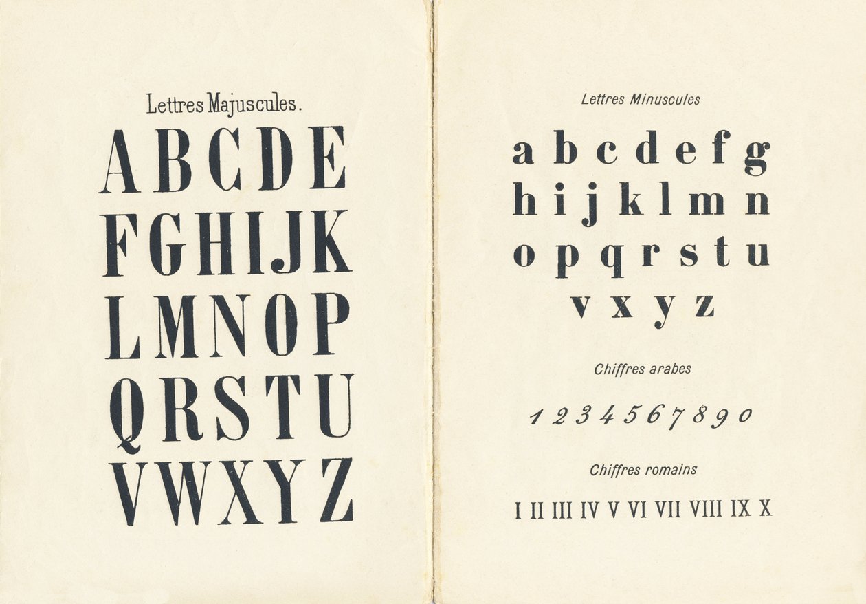 Hoofdletters, kleine letters, Arabische en Romeinse cijfers - Gravure uit ABCD des petites filles, Pellerin & Cie, Epinal, circa 1890 door Unbekannt