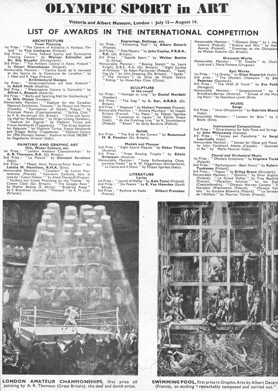 Lijst van winnaars van prijzen voor architectuur, kunst, beeldhouwkunst, literatuur, drama en muziek op de Olympische Spelen van Londen 1948 (litho) door Unbekannt