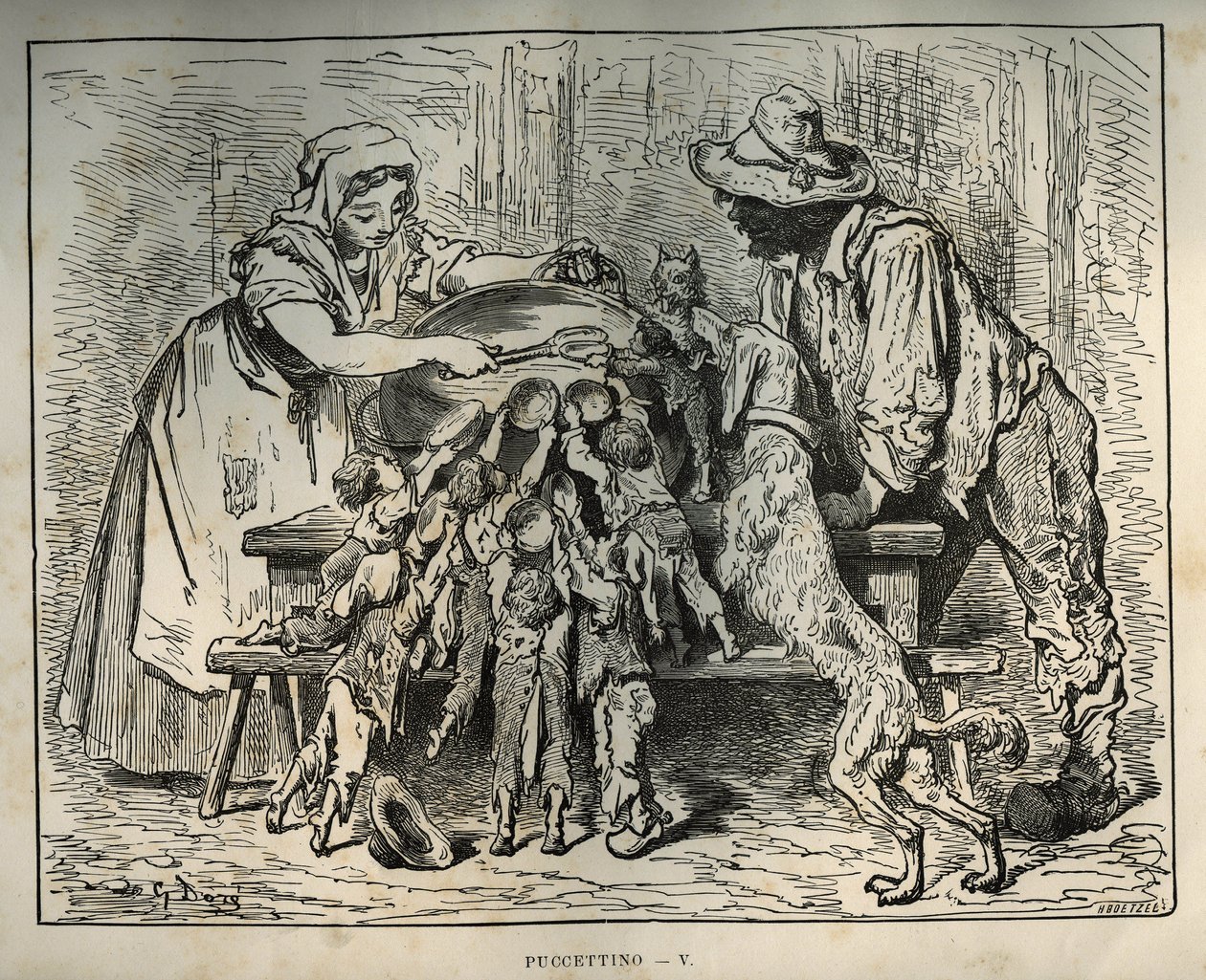 Klein Kippetje en zijn hongerige broers. Gravure door Gustave Doré (1832-1883) uit 