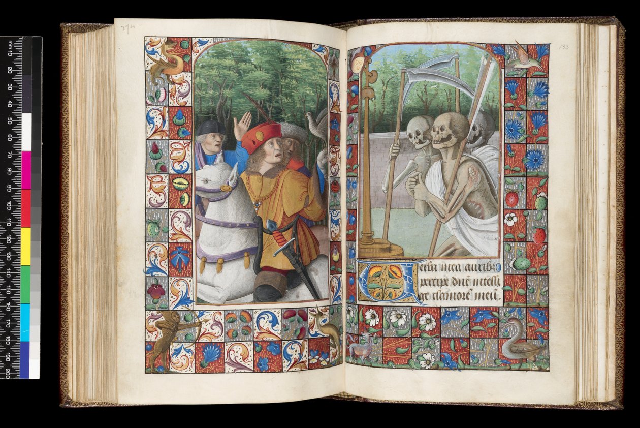 MS 92 f.132v-133r, Dodenofficie, Metten, De Drie Levenden en de Drie Doden, uit een Getijdenboek, West-Frankrijk, gebruik van Rome, 1490-1510 door Unbekannt