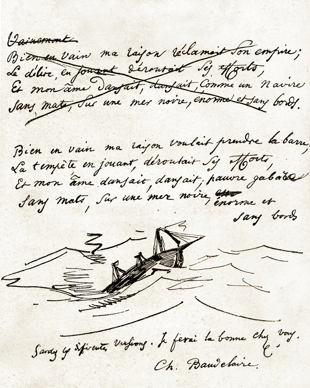 Manuscript van Charles Baudelaire, geïllustreerd met een tekening van een boot door Unbekannter Künstler