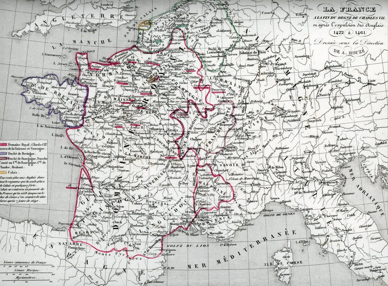 Kaart van Frankrijk ten tijde van koning Karel VII en na de verdrijving van de Engelsen tussen 1422 en 1461 (Kaart van Frankrijk ten tijde van koning Karel VII) Plaat uit Houze