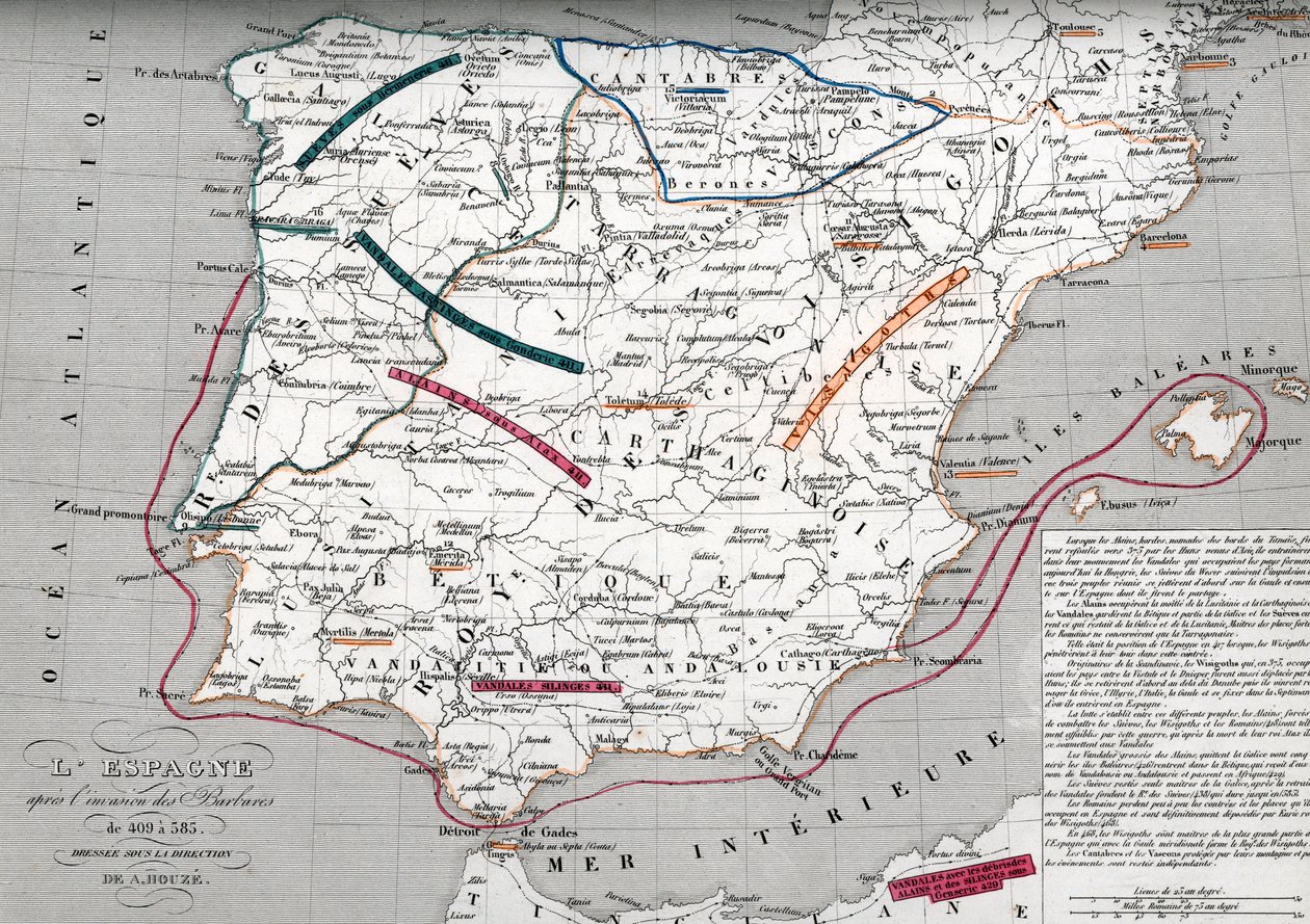 Kaart van Spanje ten tijde van Germaans Hispania, 409-585 (Kaart van Spanje ten tijde van Germaans Hispania) Gravure uit "Atlas Universel" door Houze door Unbekannter Künstler