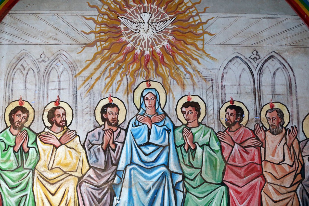 Marian heiligdom Onze Lieve Vrouw van het Meer, Togo. De Heilige Geest daalt neer op de Maagd Maria en de Apostelen. Schilderij. Togo door Unbekannt