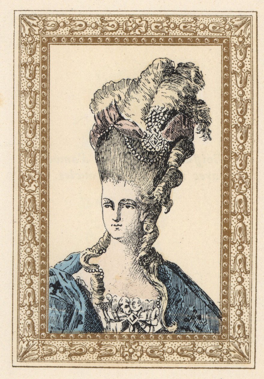 Marie Antoinette, vrouw van koning Lodewijk XVI van Frankrijk, in een uitgebreid kapsel gekroond met linten en parels door Unbekannter Künstler