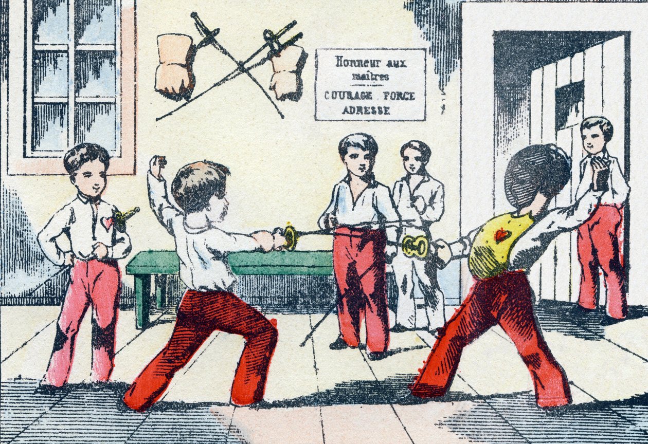 Meester van wapens. Gravure in "Alphabet militaire enfantin". Imagery van Pont-a-Mousson, circa 1890. door Unbekannt