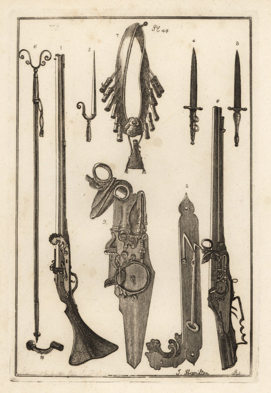 Lontslot musket, slot en bajonet van de Tower of London 1-3, bajonet 4, musketrust en bajonet 5, musketrust 6, bandeliers en poederfles 7, radslot 8,9, en sleutel 10 door Unbekannt