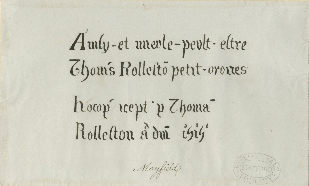 Mayfield Kerk - Inscriptie voor Thomas Rolleston: pentekening, nd [?18e eeuw] door Unbekannt