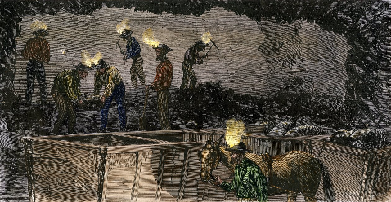 Mijnwerkers die de mijn graven en de kolen in kleine wagens laden die door muilezels worden aangedreven in Pennsylvania. Gekleurde gravure uit 1860 door Unbekannter Künstler