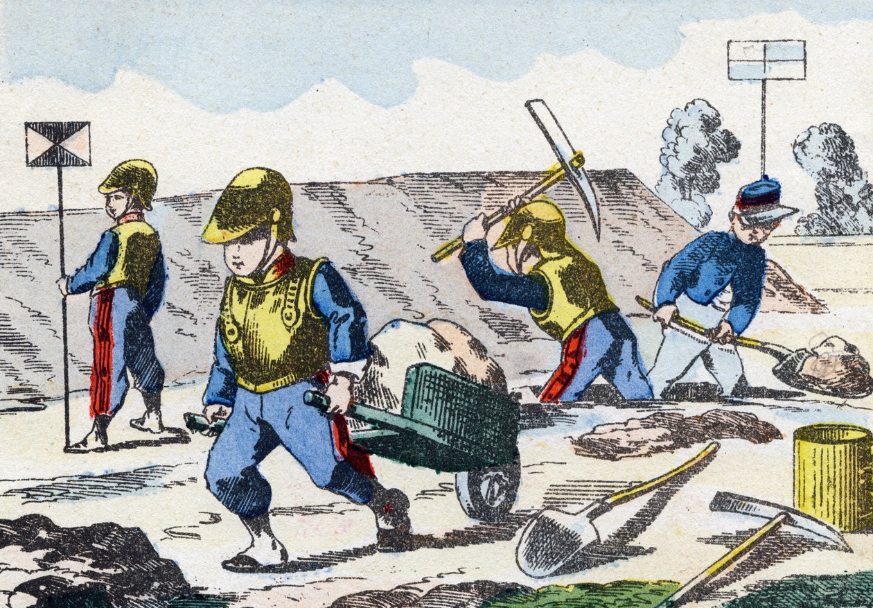 Minderjarigen. Gravure in "Alphabet militaire enfantin". Beeldmateriaal van Pont-a-Mousson, circa 1890. door Unbekannt