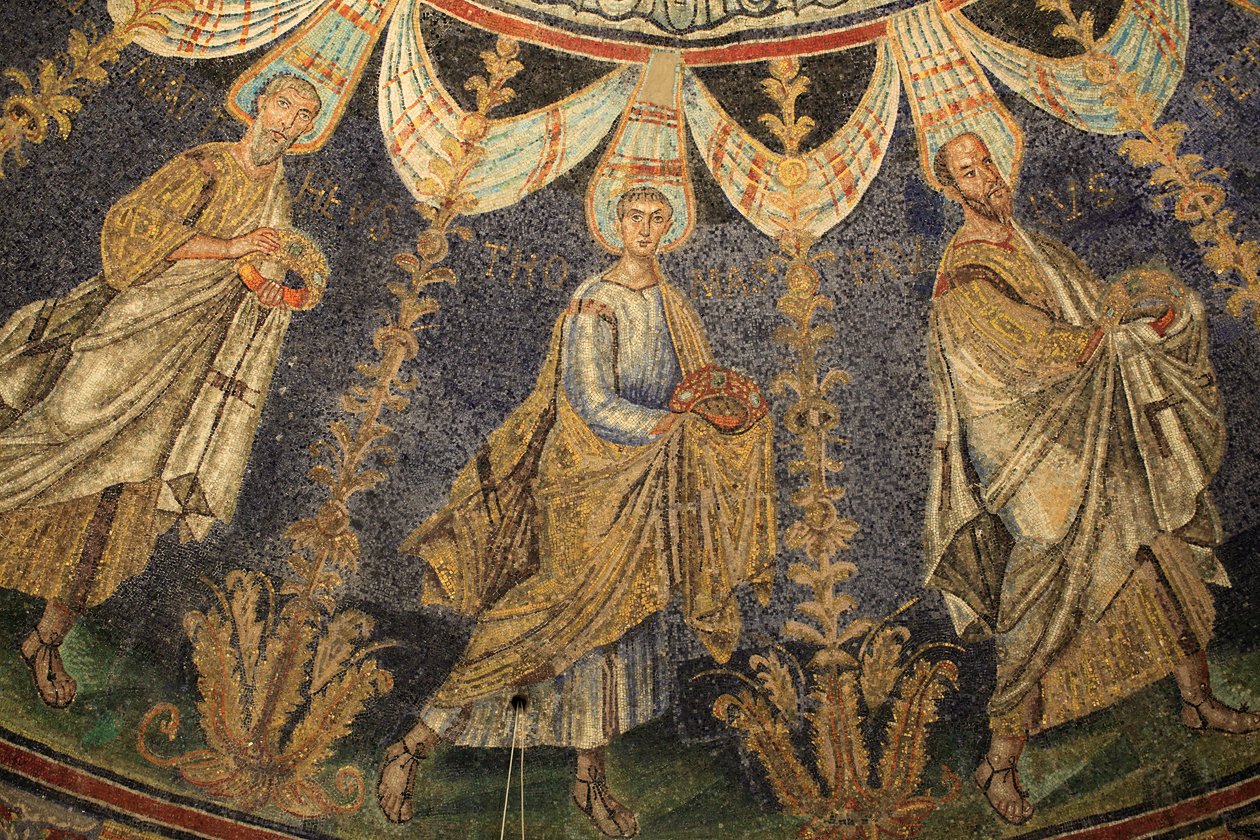 Mozaïek van het plafond van de Doopkapel van Neon. Sint Paulus en Sint Petrus. Detail van de processie van de twaalf apostelen die rond het centrale mozaïek in twee richtingen lopen, eindigend met Sint Petrus die Sint Paulus ontmoet. 5e eeuw, Ravenna, Ital door Unbekannt