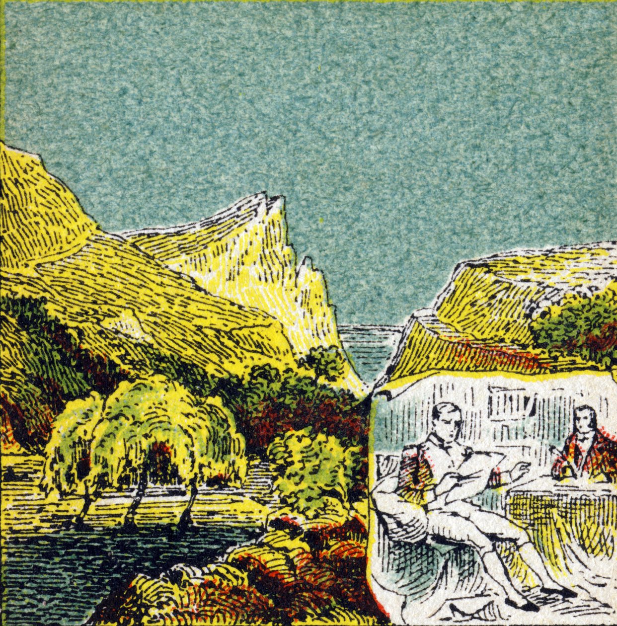 Napoleon I Bonaparte in ballingschap op het eiland Sint-Helena. Gravure in "Histoire de France". Serie reclamebeelden uitgegeven namens Louit, circa 1920. door Unbekannt