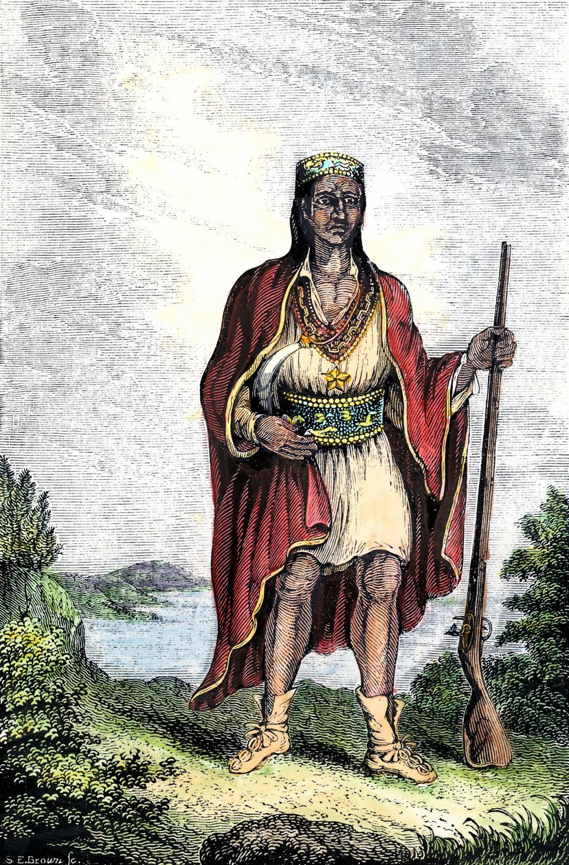 Inheemse bevolking van Amerika: Indianen van de Verenigde Staten. Metacomet (ca. 1639-1676), ook bekend als King Philip of Metacom, hoofd van de Wampanoag (Massachusetts, New England). Kleurengraving. door Unbekannter Künstler