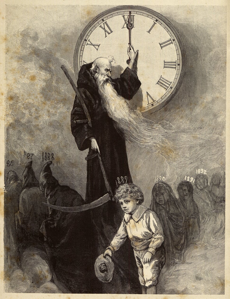 Nieuwjaarsallegorie 1889 die een oude gewelfde, symboliserend het oude jaar, toont die plaats maakt voor een glimlachende kleine jongen die het nieuwe jaar symboliseert. Tijd kijkt naar de scène door de wijzers van een klok te draaien. 19e-eeuwse gravure door Unbekannter Künstler