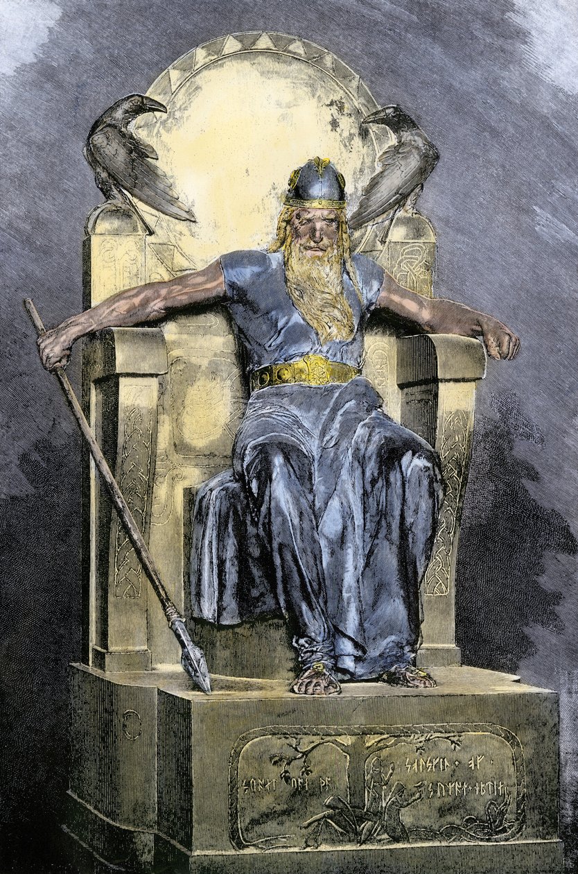 Noordse mythologie: voorstelling van de godheid Wotan (Odin). Kleurengraving uit de 19e eeuw. door Unbekannter Künstler