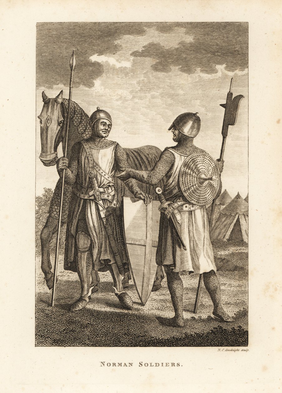 Normandische soldaten in maliënkolder en plaatpantser met schild, lans, hellebaard, voor militaire kampementstenten door Unbekannt