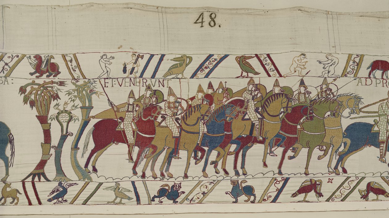 Normandische soldaten verlaten Hastings om te vechten met Harold, Bayeux Tapestry (wol borduurwerk op linnen) door Unbekannt