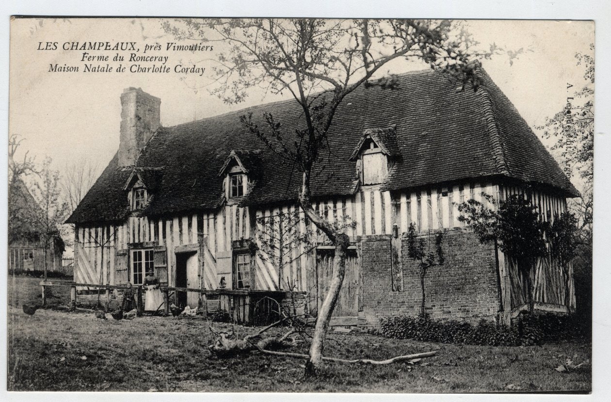 Normandië, Orne (61), Les Champeaux: uitzicht op de boerderij van Ronceray, huis van Charlotte Corday (1768-1793) - Ansichtkaart eind 19e-begin 20e eeuw door William M. Timlin