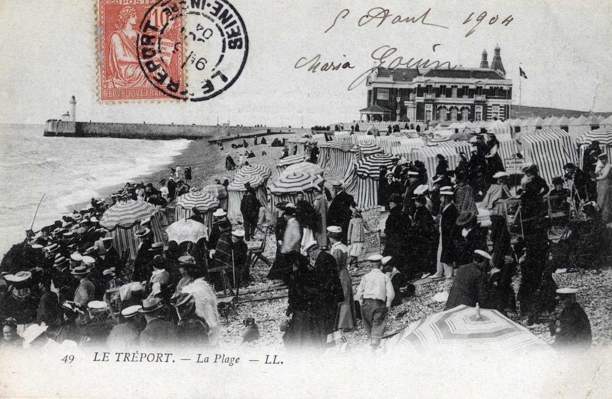 Normandië, Seine Maritime (76), Treport: de menigte vakantiegangers op het strand en casino op de achtergrond - Ansichtkaart gedateerd 1904 door William M. Timlin
