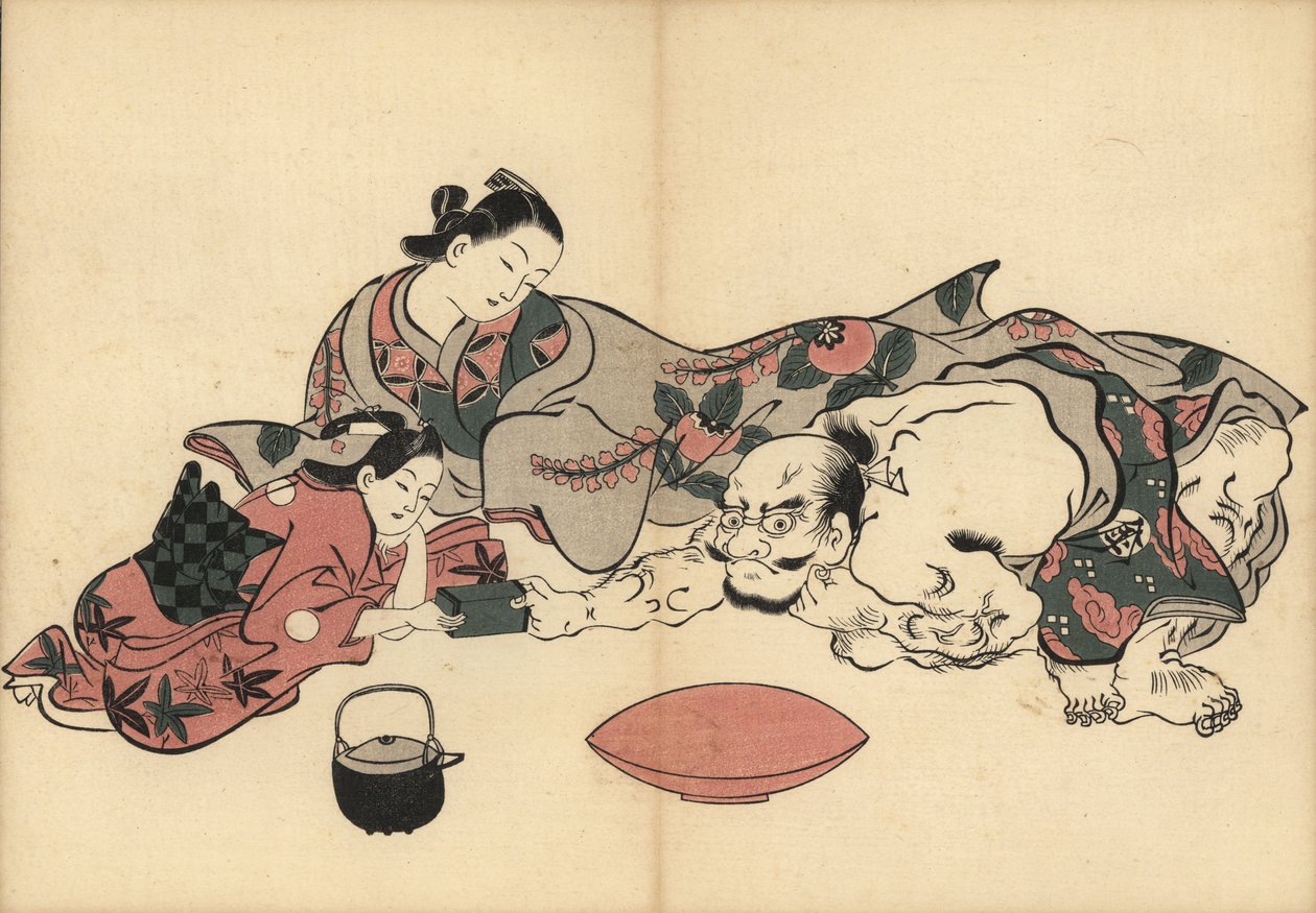 Oiran courtisane kijkt naar een krachtproef tussen haar kamuro (dienstmeid) en Kinpira de beroemde sterke man. Een kruik sake en drinkkom ervoor. Houtsnede door Masanobu Okumura (1686-1764) uit Fuzoku Emakimono, Beeldrol van de Waterhandel, Tokio, herdruk  door Unbekannter Künstler