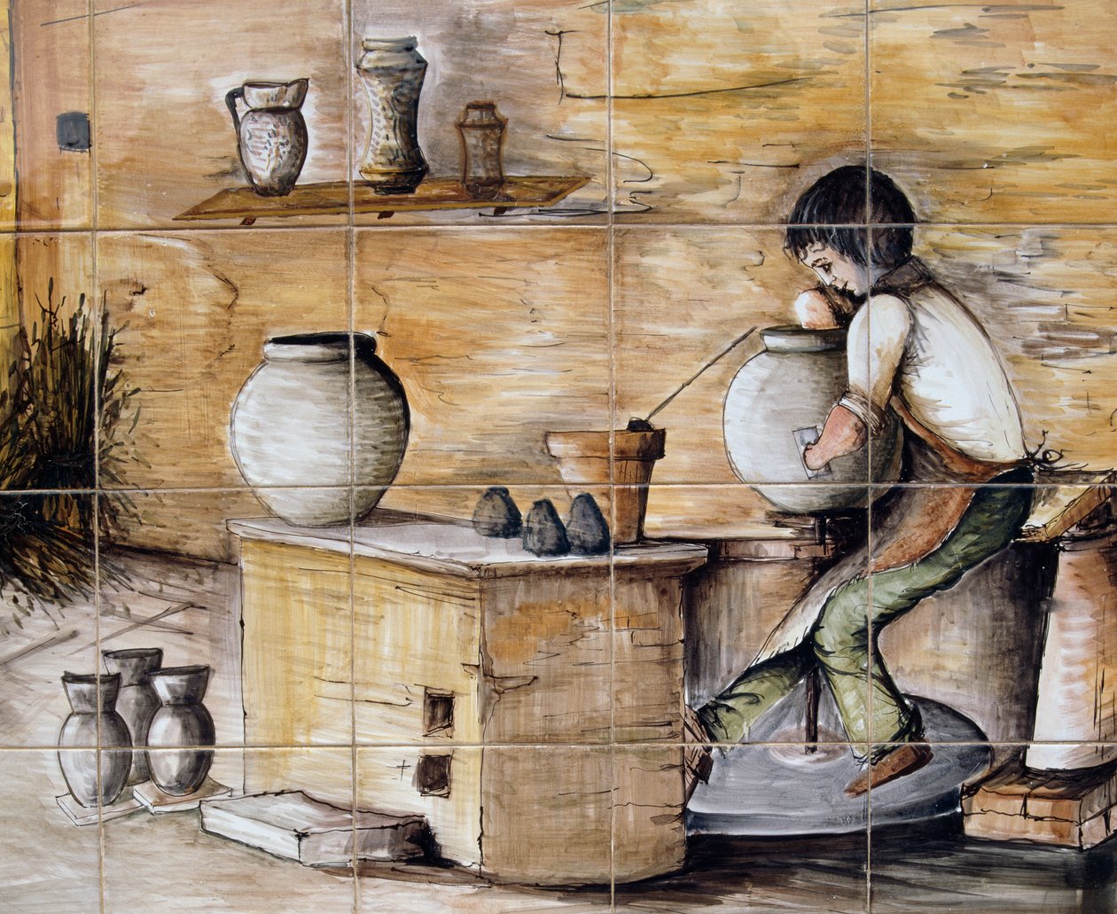 Beschilderd majolica paneel met pottenbakkersscène, handgemaakt door Ceramiche Desuir, Santo Stefano di Camastra, Sicilië (detail) door William M. Timlin