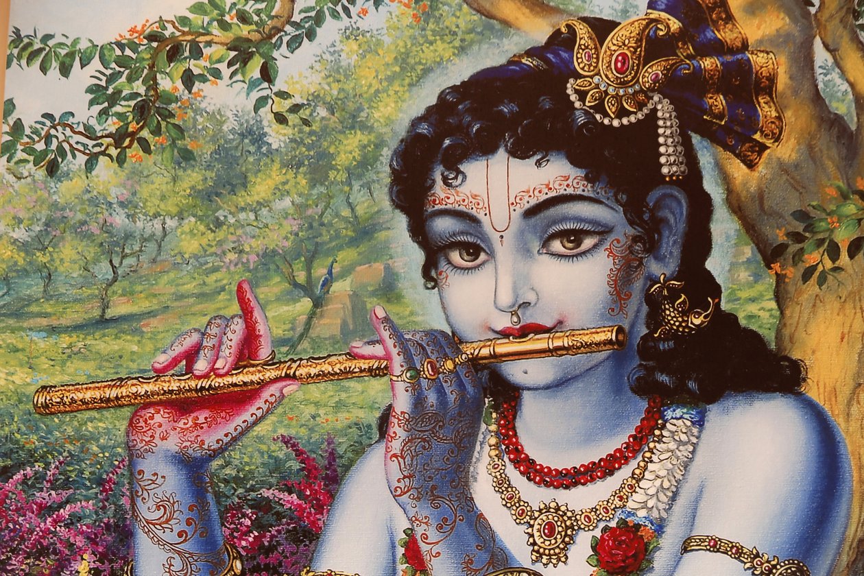 Schilderij van de hindoegod Krishna die buiten fluit speelt, India door Unbekannt