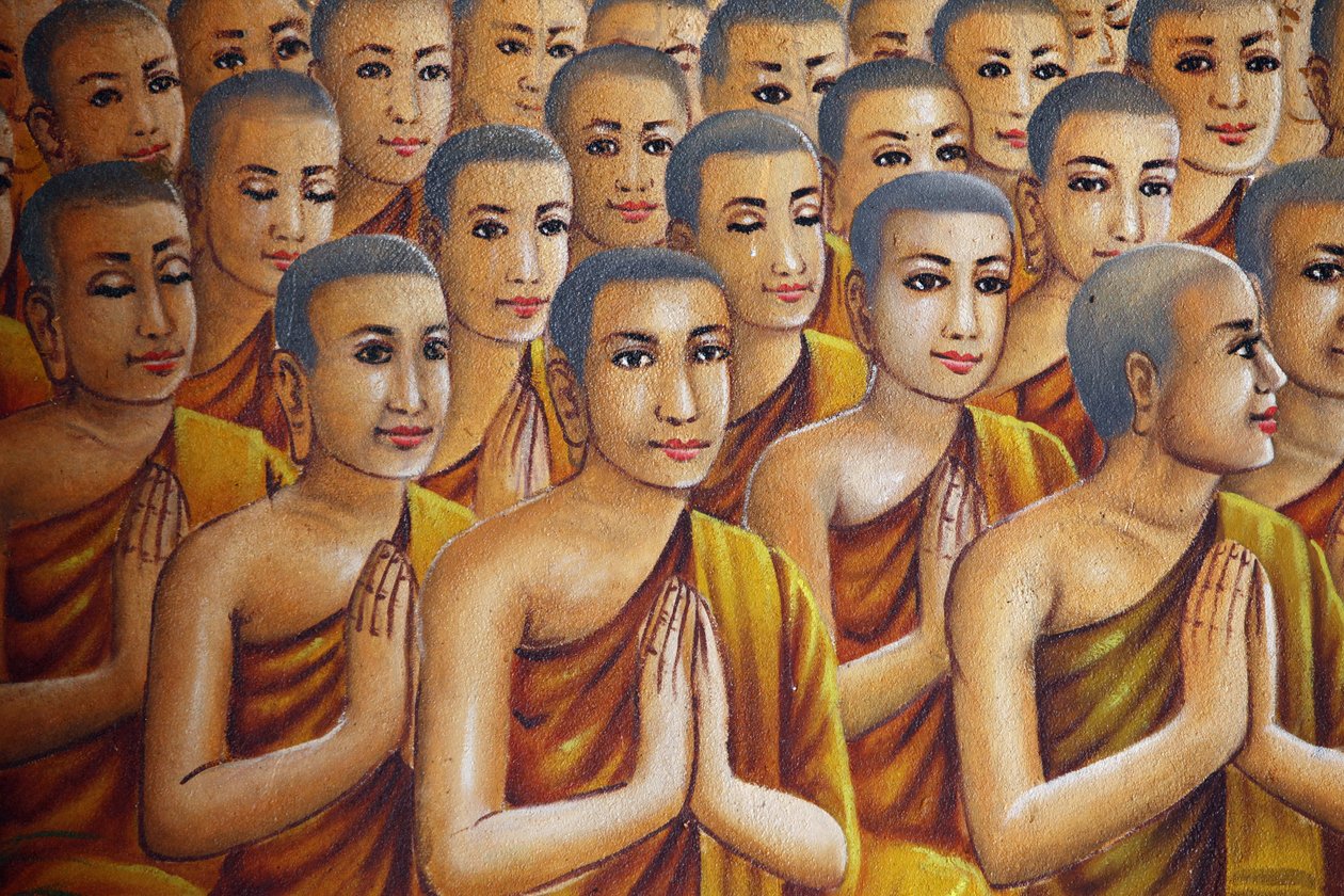 Schilderij dat monniken afbeeldt (luisterend naar Boeddha) Udong Cambodja door Unbekannt