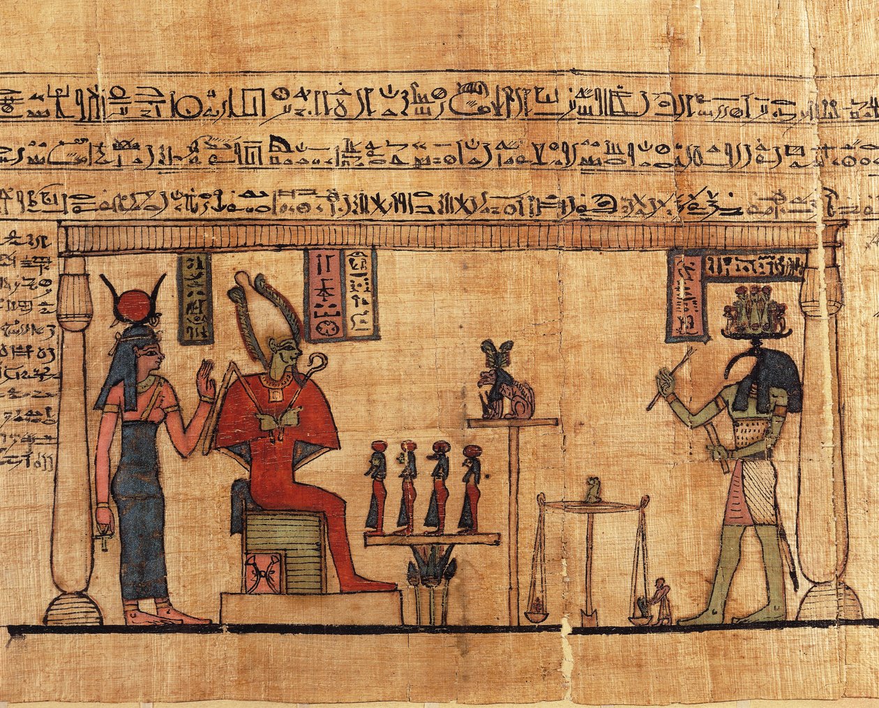 Papyrus uit het Eerste Boek van Ademhaling van Ousirour, Thoth weegt de ziel van Ousirour voor Isis en Osiris door Alec Hunter