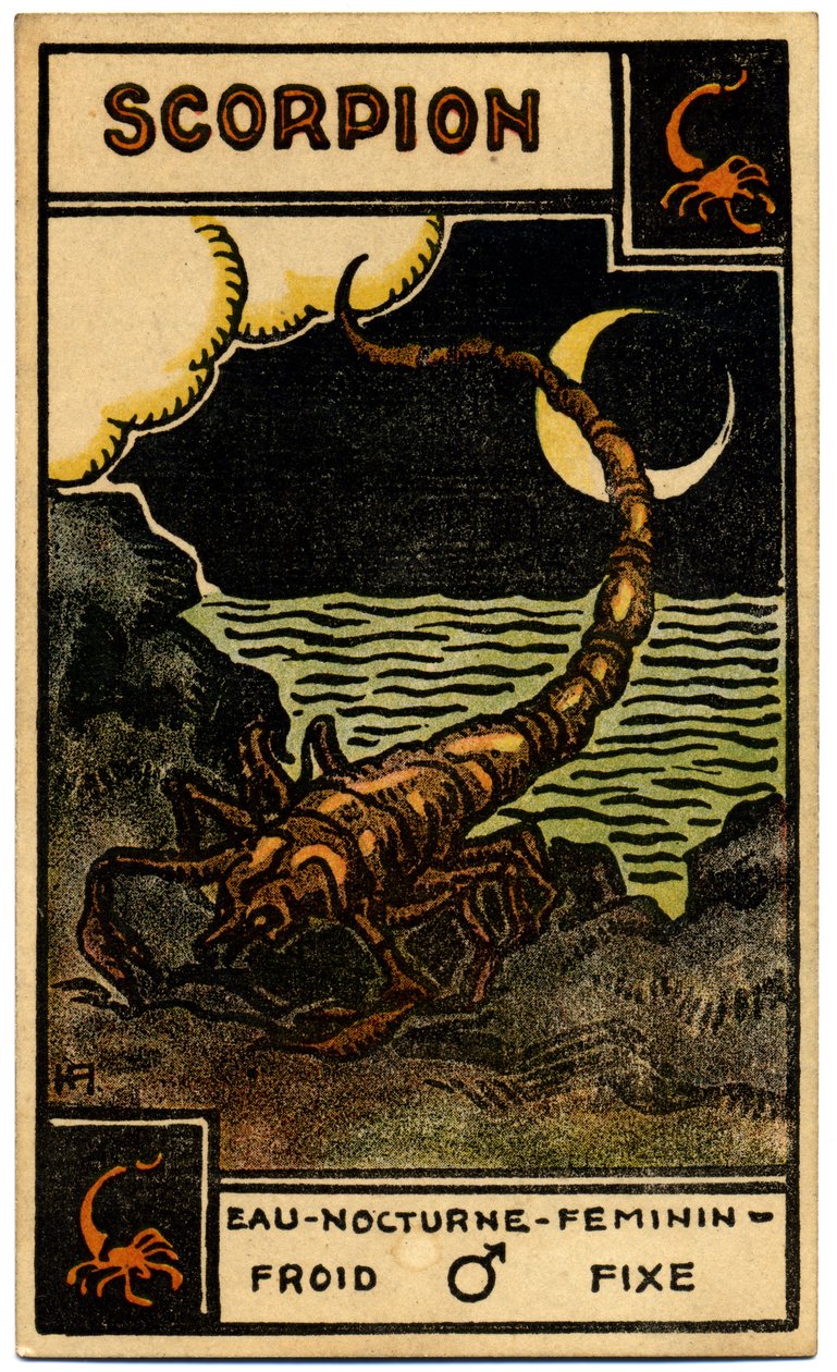 Paranormaal. Astrologie. Schorpioen (de Schorpioen). Astrologische kaart uit: Le Tarot Astrologique, door Georges Muchery, Frankrijk door Unbekannter Künstler