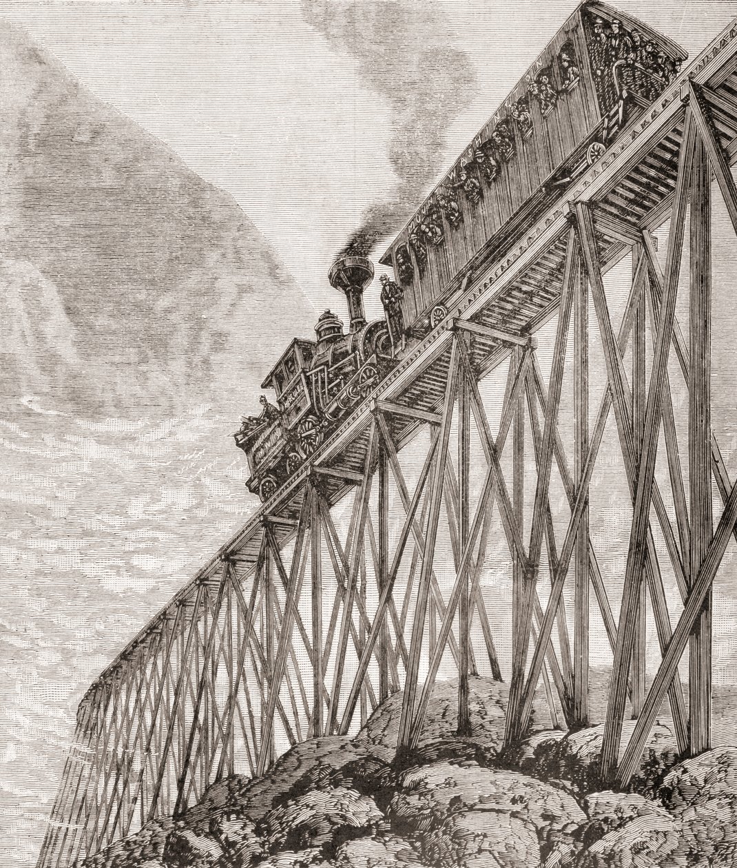 Deel van een vier kilometer lange spoorweg in New Hampshire, Verenigde Staten, gebouwd voor recreatieve reizen en voor passagiers om te genieten van panoramische uitzichten, ca. 1880, uit 