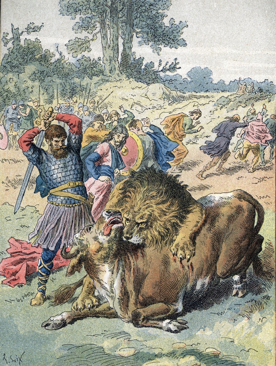 Pepijn de Korte vecht tegen een leeuw en een stier op het Champ de Mars om zijn moed te bewijzen (751) door Unbekannter Künstler