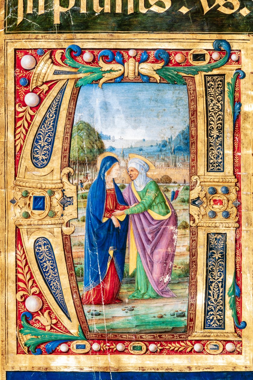 Piccolomini Bibliotheek: koorboek, cod. 14.P., ff. 2r met "de Visitatie van Maria en St. Elizabeth, door Giovanni di Giuliano Boccardi, bekend als Boccardino de Oudere. (detail) door Unbekannter Künstler