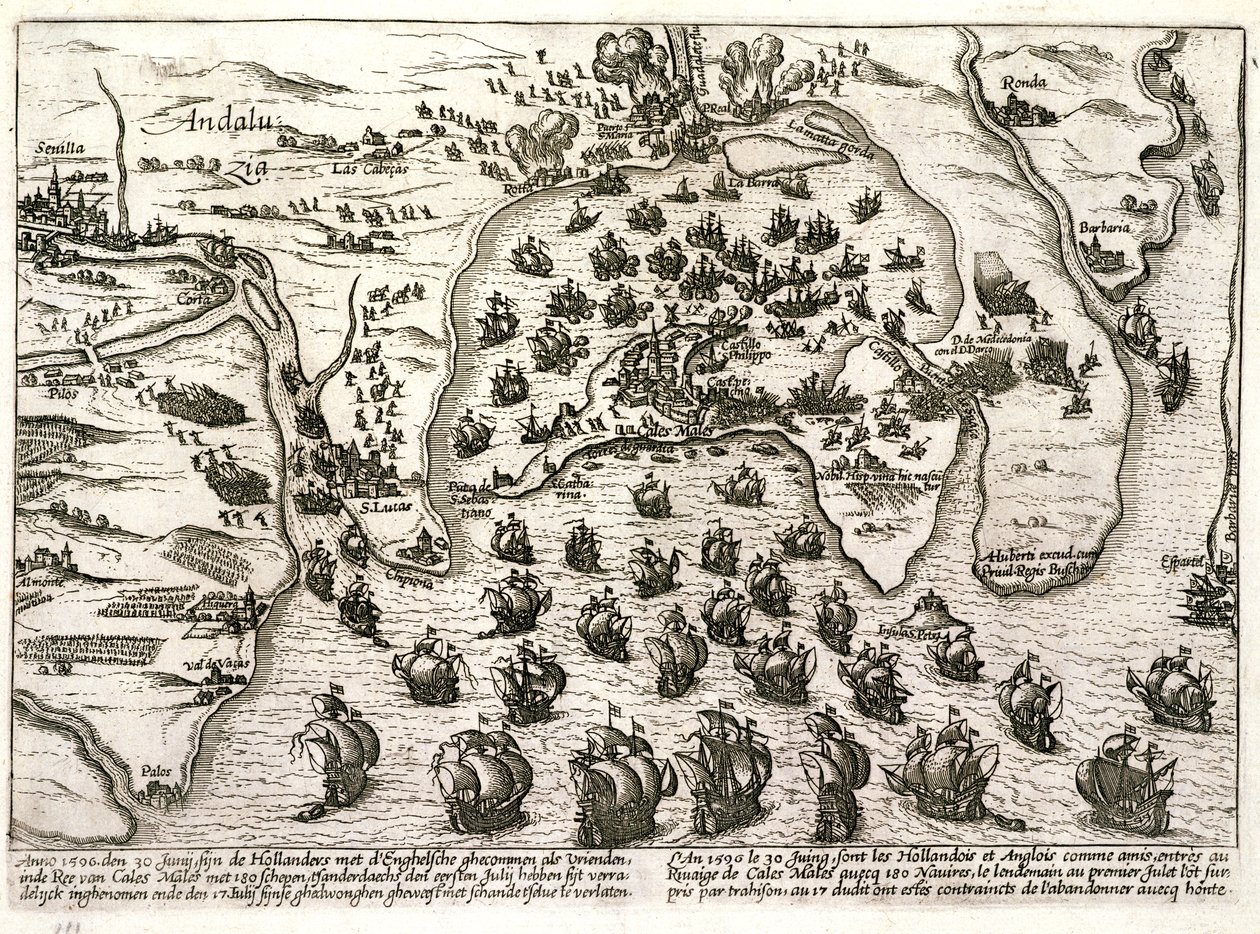Plan van de haven van Cadiz in 1596 ten tijde van de aanval door Sir Walter Raleigh door Unbekannter Künstler
