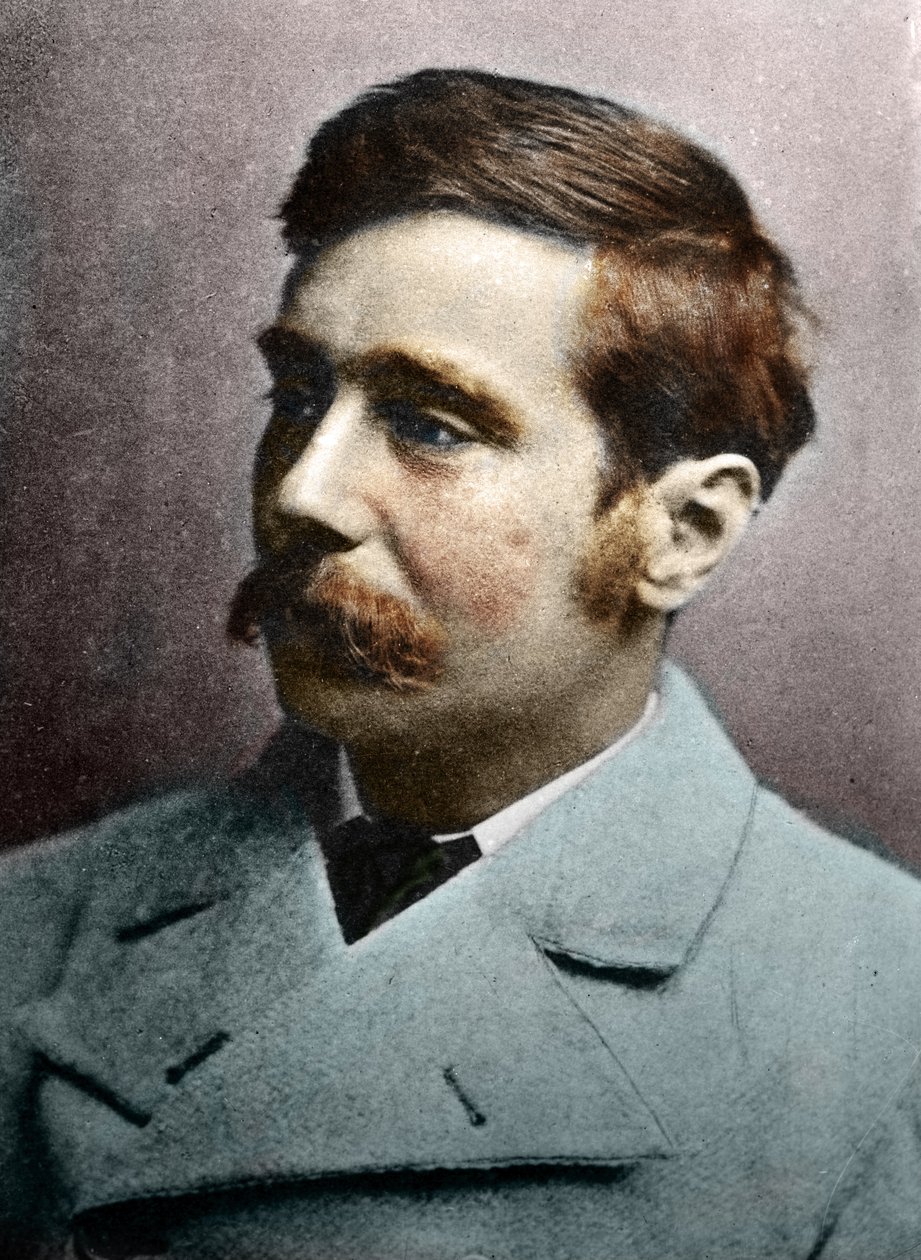 Portret van H.G. Wells, circa 1890-1895 (gekleurd foto) door 