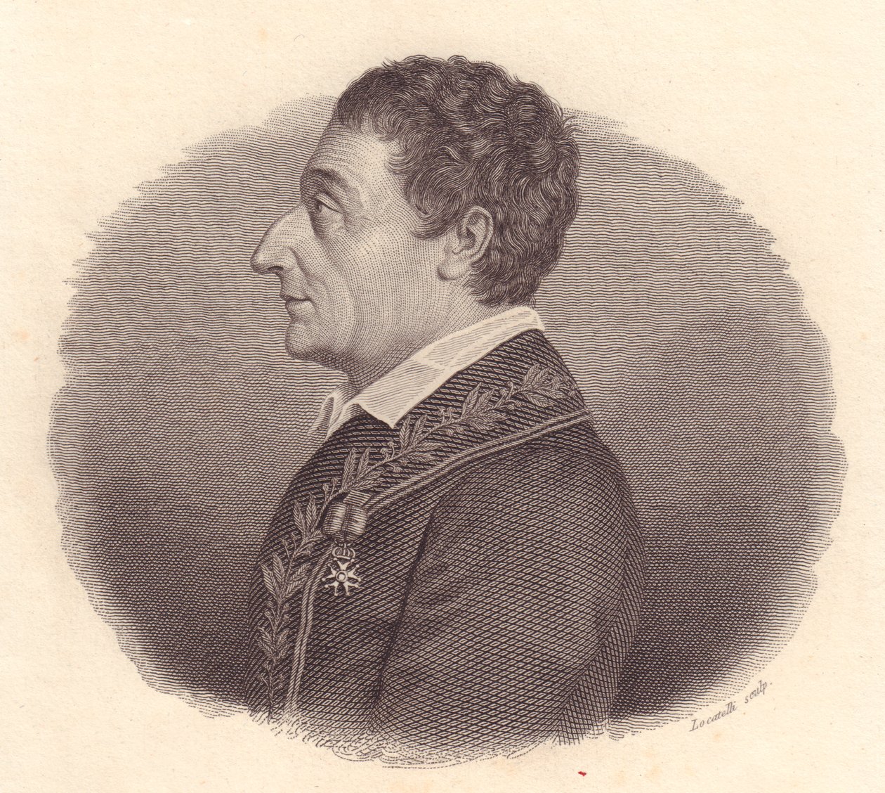 Portret van Italiaanse wiskundige en astronoom Joseph-Louis Lagrange, of Giuseppe Lodovico Lagrangia (1736-1813), kopergravure door Locatelli van medaille door William M. Timlin