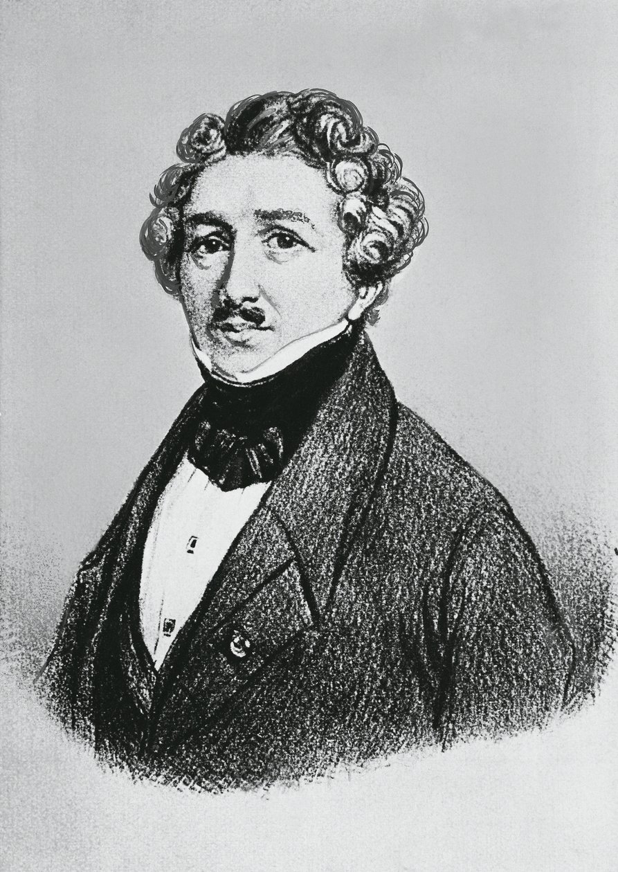 Portret van Louis-Jacques-Mandé Daguerre, Franse kunstenaar, natuurkundige en chemicus, erkend voor zijn uitvinding van het daguerreotypieproces van fotografie door William M. Timlin