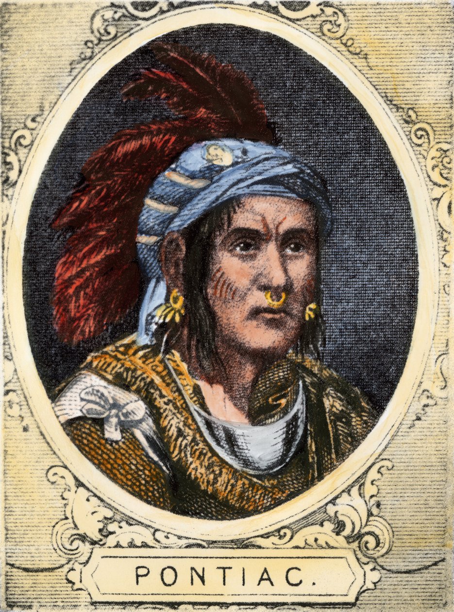 Portret van Pontiac (of Obwandiyag, ca. 1714-1769), hoofd van de Indianenstam van de Outaouais Indianen van Detroit (Ottawa Natie). Kleurgravure uit de 19e eeuw. door Unbekannter Künstler
