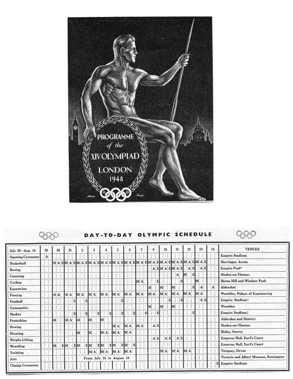 Programma van de XIV Olympiade in Londen en het dag-tot-dag Olympische schema van 29 juli tot 14 augustus door Unbekannt