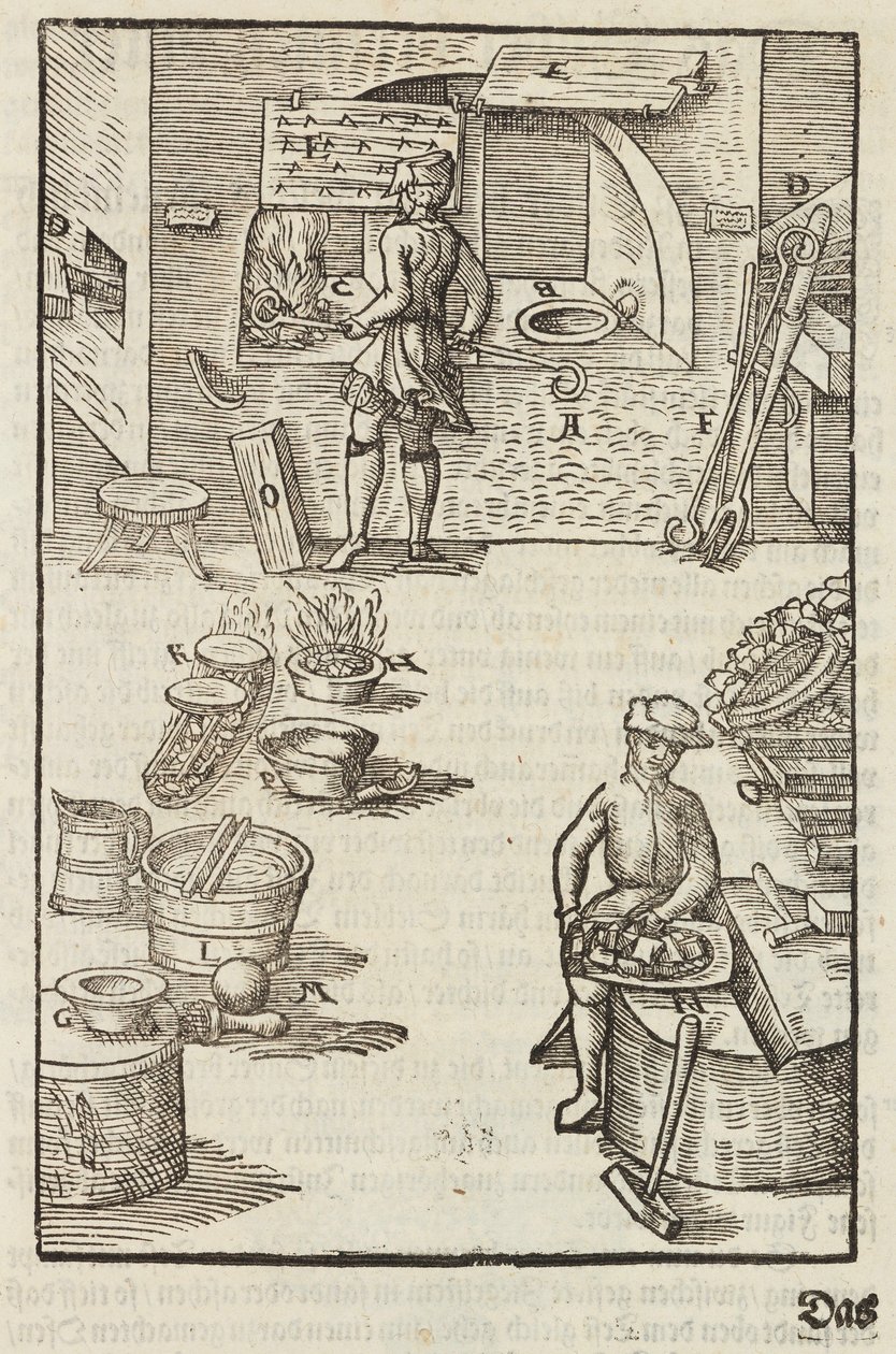 Zuivering van zilvererts door vuur - Gravure uit Beschrijving van de ertsen en de belangrijkste mijnbouwmethoden, door Lazarus Ecker door Unbekannt
