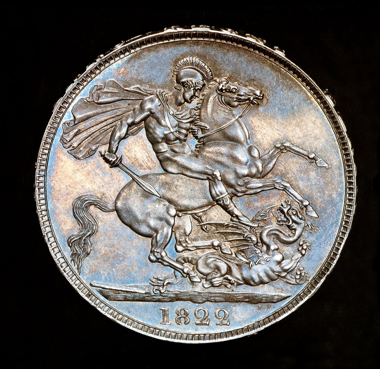 Zeldzame Britse munt, Koning George IV, proef zilveren kroon, patroonheilige van Engeland te paard met zwaard op het punt om de draak te doden, stempels door Benedetto Pistrucci door Unbekannter Künstler