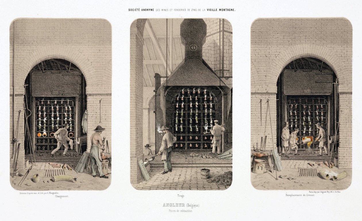 Verwerking van grondstoffen, metallurgie reductieovens, zinkfabriek, Angleur, België door Unbekannt