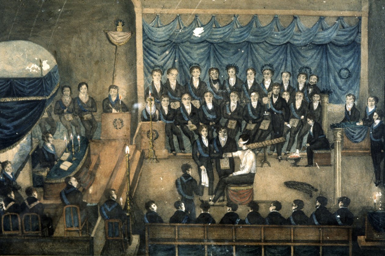 Ontvangst van een metselaar in een Loge, ca. 1820 door Unbekannter Künstler
