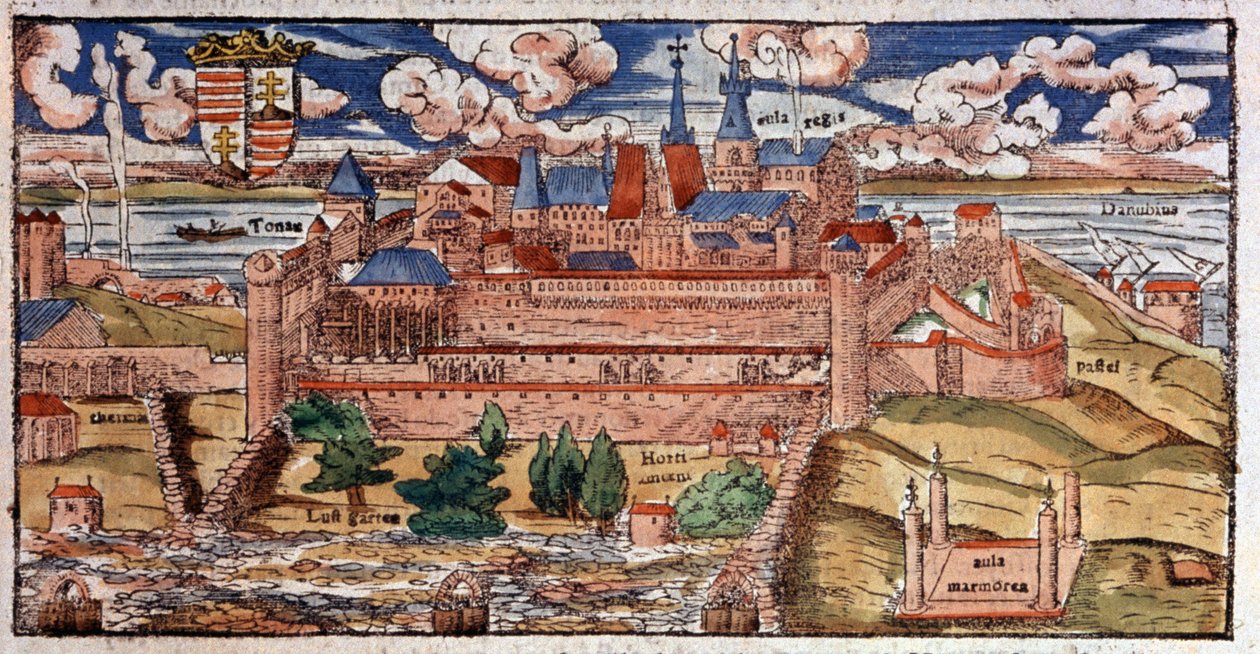 Versterkt Buda (Hongarije), ca. 1550 (gravure) door Unbekannter Künstler